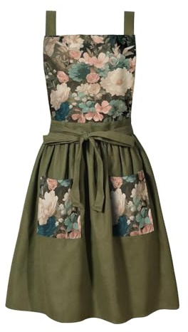 FOTVEFLEIR Vintage Cute Apron Dress for Women with Pockets, Adjustable Cross Back Pinafore Aprons for Cooking, Baking, Kitchen, Gardening (Olive Green)