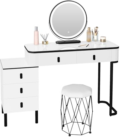 WOLTU Sminkbord med dimbara lampor och pall, sminkbord med 5 lådor i massivt trä, flexibel montering, 100 x 40 x 125 cm, modern sminkstation, vit + svart