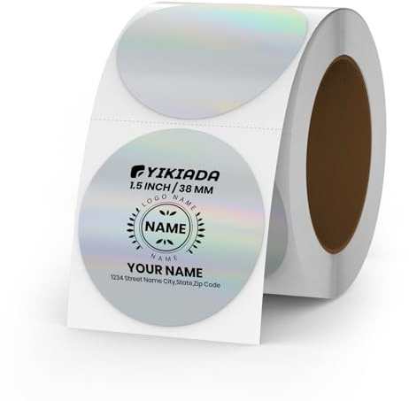 YIKIADA Silver Thermo Etiketten Vinyl 38 mm Holographic Rolle Selbstklebend Punktaufkleber Wasserdicht Glitter Aufkleber für Logo Barcode QR Code Kinder Office Home 200 Stück