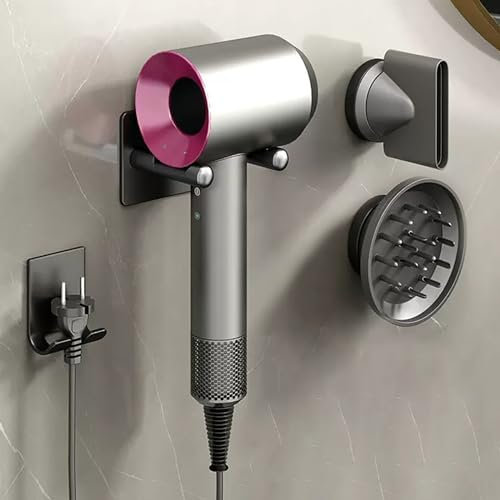 MidingChai Support Seche Cheveux Compatible avec Dyson, Porte Seche Cheveux Mural, Support Seche Cheveux avec Rangement des Câbles, Convient pour 2 Embouts, en Alliage d'aluminium