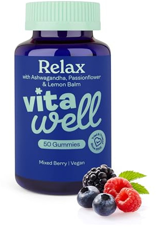 Vitawell Relax Gummies | 50 Vegan Gummies | Natural Mixed Berry Flavour | Chewable Gummy Supplement with Vitamin B3, Iodine, Ashwagandha Root, Lemon Balm, Passionflower and Goji Fruit Extracts