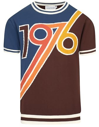 OXKnit Vintage Camiseta de Manga Corta para Hombre, Año 1976 Azul Oscuro Marrón Cuello Redondo Camisetas Tejidas para Hombres, Azul y marrón., L