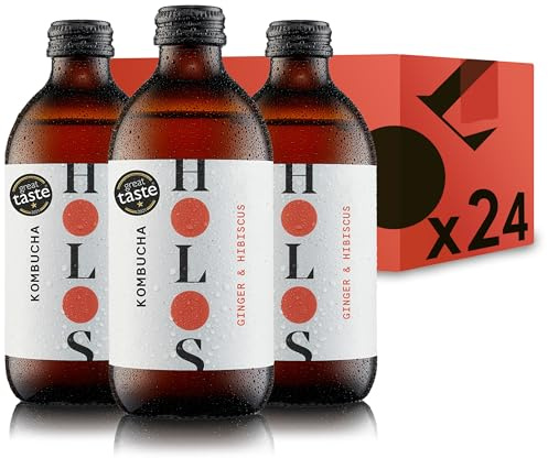 HOLOS Kombucha Drink Ginger & Hibiscus - Organic Kombucha Tea - Chilled, Unpasteurised Raw Kombucha - Vegan, All-Natural Ingredients - 24 x 330ml Kombucha Bottles