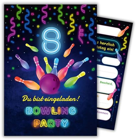 JuNa-Experten 12 Einladungskarten zum 8. Kindergeburtstag Bowling Kegeln Jungen Mädchen coole Einladungen achte Geburtstag Mädchengeburtstag Jungsgeburtstag