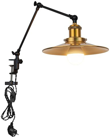 FSLiving Industrial Klemmleuchte mit 2,5 Schalterkabel, Einstellbar Clip auf Schreibtisch Leselampe,Dimmbar Clamp Nachttischlampe mit Flexarm für Schreibtisch Nachttisch Regal Gold- TD/2773