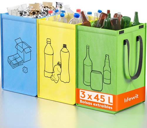 Lifewit Set di 3 Borse Raccolta Differenziata 45 L, Bidoni Differenziata Interno in 3 Colori, Raccolta Differenziata Esterno per Carta, Plastica, Vetro e Bottiglie