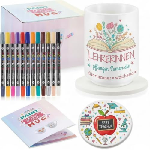 Sinmoe Keramik Tasse Bemalen Set mit Blanko Tasse, Untersetzer und 12 Porzellanstifte mit 24 Farben Keramik Becher Malset Kreativ DIY Geschenk für Abitur 2026 Abschluss Bachelor Erwachsene(Retro)