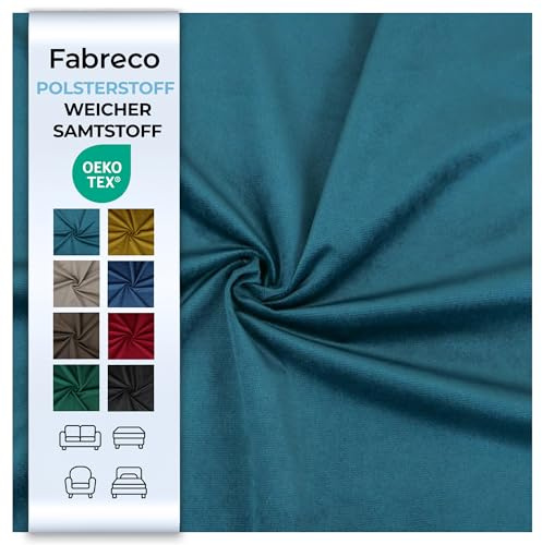 Fabreco - Samtstoff Meterware KRONTOS (5M x 145 cm) - Polsterstoff Möbelstoff Meterware – Bezugsstoff Möbelstoff - Stoffe zum Nähen - Weicher Samt Stoffe für Stühle & Sofa Beziehen (Petrol)
