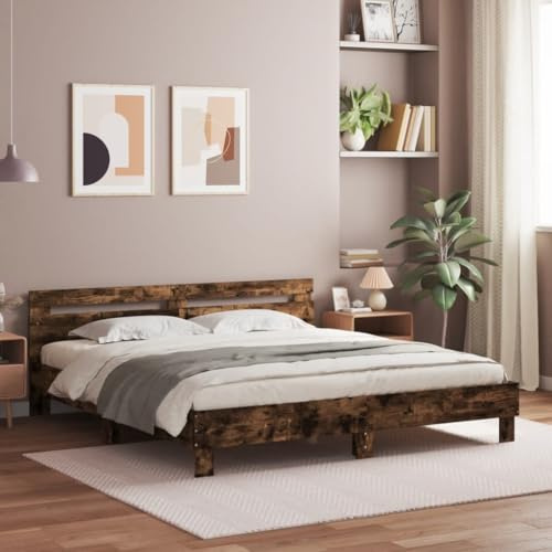KTHLBRH Bettgestell Familienbett Doppelbett Schlafzimmer möbel Bettgestell mit Kopfteil und LED-Beleuchtung Räuchereiche