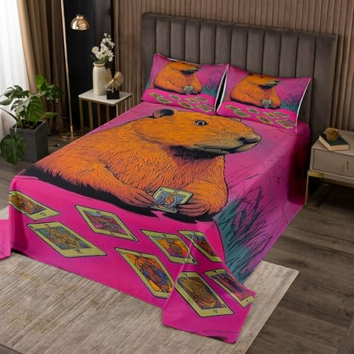 Erosebridal Beaver Quilt Set Queen Size for Kids, Cute Guinea Pig Bedspread Set Lovely Animal Coverlet Set Country Beaver Bedding Set for Boys Girls Teens Adult Bedroom, Purple