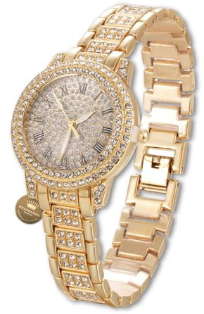 Halukakah Diamonds Gold Watch Iced Out for Boy Teens Kids - 18K Real Gold Plated, 32mm Round Dial, Japanese Quartz - 7.5 Length - for Birthday, Parties
