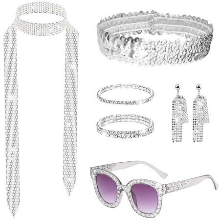 SAIIURV 7 Stück 1970er Jahre Disco Zubehör, Glitzer Haarbänder Ohrringe Schal Strass Sonnenbrille Armband, Disco Accessoires 70er 80er Jahre Outfit Damen für Fasching Karneval Kostüm (Silber)