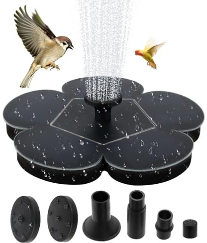 Fuente Solar Jardín Exterior 2025,Bomba Estanque Solar Flotante con 6 Boquillas | Altura 55-95cm para Piscinas, Baño de Pájaros y Estanques (Negro, Floral)