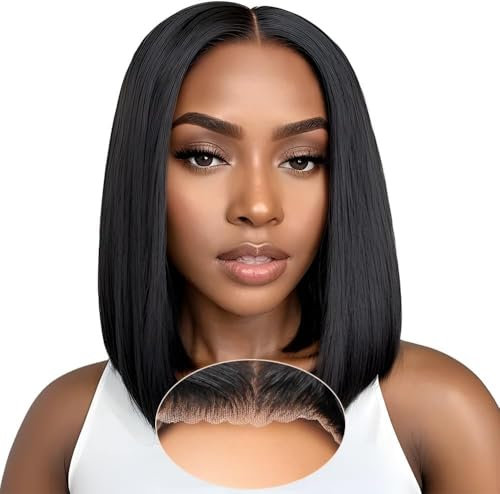 Smilenice Perruque Bresilienne Cheveux Humain 4x4 Bob Straight Perruque Femme Naturelle Sans Colle Cheveux HD Lace Wear and Go Glueless Wig Plucked Pre Cut Naturel Humaine 10 Pouces