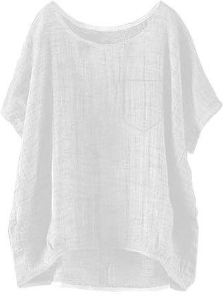 Womens Linen Shirts, Womens Tunic Tops Summer Cotton Linen Short Sleeve T-Shirt Crew Neck Oversized Blouses Baggy Solid Plain Casual Shirt Bubble Hem Tees for Vaction Holiday White