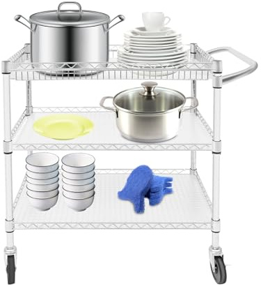 SuhoFutus Servierwagen, 3-Stöckiger Küchenwagen mit Rollen, Universalwagen aus Kohlenstoffstahl und PP, für Küche, Büro, Restaurant, Esszimmer, Wohnzimmer, 150kg/330lbs Tragfähigkeit, Silber