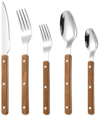 Set di Posate da Cucina, Posate in Acciaio Inox con Manico a Rivetto, Posate Che includono Coltello da Bistecca, forchetta, Cucchiaio e cucchiaino (Marrone Chiaro, 5 Pezzi)