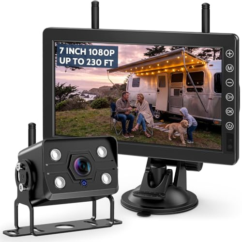 VASTEND Rückfahrkamera Kabellos, Drahtlose Rückfahrkamer mit 7 Zoll 1080P HD IPS Monitor, IP69 wasserdichte Funkkamera, Stabiles 2.4GHz Signal für Auto, LKW, Wohnmobil, Wohnwagen (VE-7B) | Stabiles digitales Signal, IR-Nachtsicht und 170°-Winkel; unterstützt bis zu 4 Kameras mit Voll- oder Split-Bild