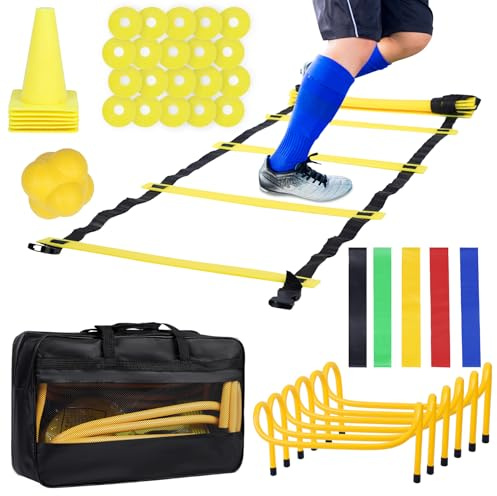 REDCAMP 6m Agility Ladder & Cones Set - Football Training Equipment for Kids & Adults with Disc Cones, Hurdles, Cones, Reaction Ball, Resistance Band & Carry Bag for Speed & Fitness Drills