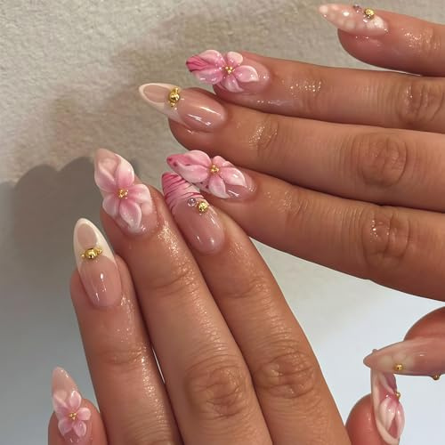 Xanthelle Press On Nails, 24 st sommarnaglar mandel medium, konstgjorda naglar med 3D blomma och guldpärlor, rosa leopard fransk punktdesign, glänsande mjuka geltrycknaglar