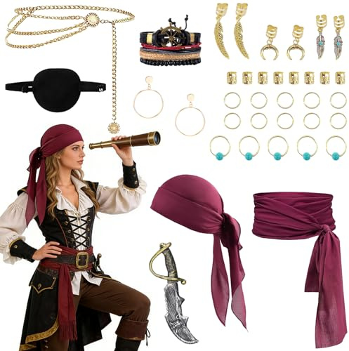 MINGJAY Piratenkostüm Damen,Piraten Kostüm Zubehör Set,Mittelalter Piratenkostüm Zubehör Set,Augenklappe Pirat,Piraten Verkleidung Accessories,Piratens Kopftuch,für Karneval,Fasching,Mottoparty