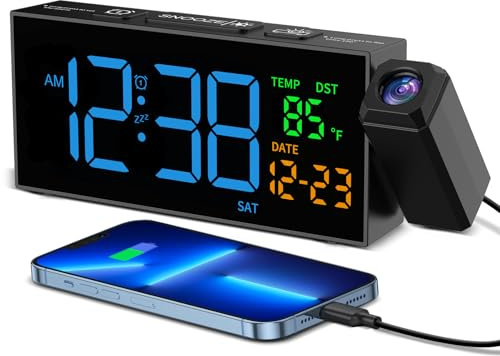 Digitaler Wecker mit Projektion, Projektionswecker mit 350° Projektor, Thermometer, Datum, Große Anzeige, 10 Klingeltönen, 4 Helligkeit, 4 Lautstärke, Manuell DST, Lauter Wecker Schlafzimmer (Blau)