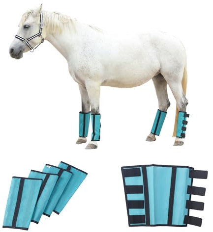 Gallopoff Lot de 4 Guêtres Anti-Mouches Chevaux, Coupe Ample, Bleu Lac S | Éviter de Taper du Pied, Légères, Maille Respirante, Fixation par velcro, antidérapant, Pour Paturage, écurie