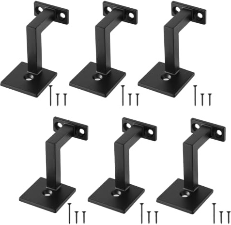 Doodlream 6 Pack Black Metal Stair Handrail Brackets Banister Hardware | Zinc Alloy, 70lbs Load Per Bracket, L-Shaped Supports, Matte Coating, Fits Round & Flat Rails, Includes Wall Mount Screws