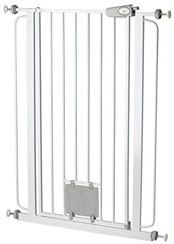 Bettacare Haustiergitter mit Verriegelbarer Katzenklappe, 75cm - 84cm, Weiß, 104cm in der Höhe, Extra Hohes Haustier Sicherheitsgitter mit Katzenklappe, Einfache Installation