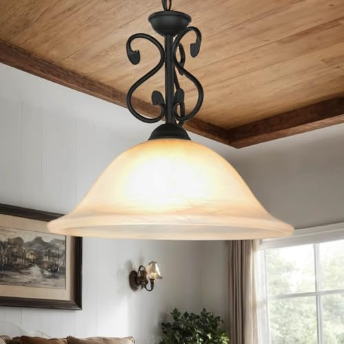 Licht-Erlebnisse Hängelampe Metall Glas Schwarz Weiß Wohnzimmer Esstisch Ø40 cm E27 max. 60 W blendarm Rustikale Landhaus Pendelleuchte Innen DOROTHEA