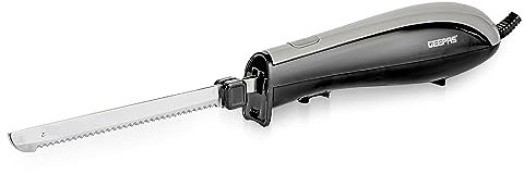 Geepas 150W Electric Knife – Serrated Carving Knife - Can Cut Turkey, Meat, Bread, Vegetables, Fruits, Ham, and Cooked Beef – Single Start Button & Eject Button – 2 Year Warranty (Black & Grey )