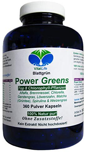 Power Greens Top 8 Chlorophyll Pflanzen 360 Pulver Kapseln Natur Pur NICHT hochdosiert KEIN Extrakt OHNE Zusatzstoffe OHNE Füllstoffe. 26333
