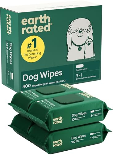 Earth Rated Toallitas hipoalergénicas para Perros, para Limpiar y Eliminar olores de Patas, Cuerpo y Trasero, Cachorros y Perros Adultos, sin Aroma, 400 Unidades
