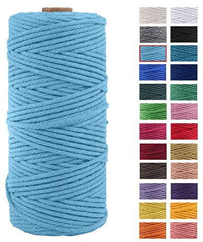JeogYong Naturliches Baumwolle Garn, Baumwollgarn Makramee-Seil Weiches Baumwoll-Seil, zum Wandbehänge, Pflanzenhalter, Basteln, Heimtextilien, Geschenkverpackung 3 mm x 100 m (Himmelblau)