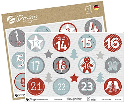 Avery 54617- Pegatinas adhesivas navideña din A5, calendario de Advienton (números de 1 a 24), 2 hojas por paquete- 36 pegatinas