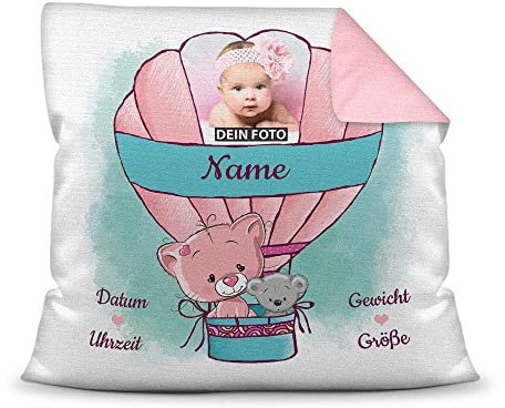 Kissen mit Füllung - mit Geburtsdaten personalisieren - Babygeschenk für Mädchen, Geschenk zur Geburt oder Taufe, Geburtskissen, Namenskissen fürs Baby I Farbkissen Rückseite Rosa, 40x40 cm