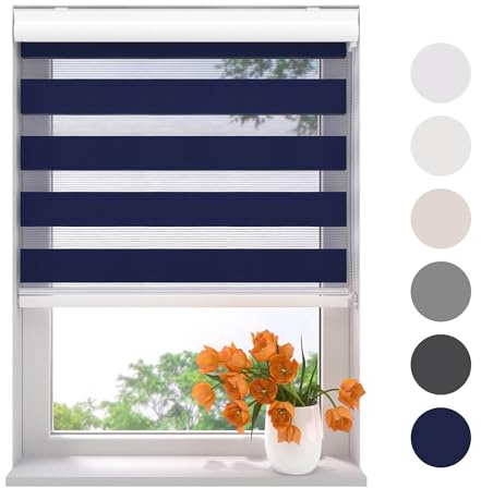 Radeco® Doppelrollo mit Kassette 70 x 175 cm (BxH) blau, Blickdicht oder Transparent, ohne Bohren möglich, doppelrollo wandmontage, Duo Rollo, doppelrollo 70 cm breit