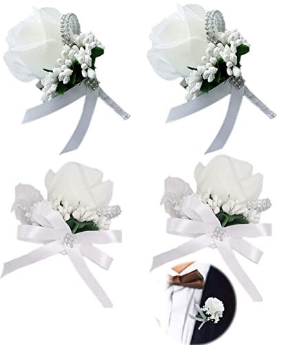 Bräutigam Anstecknadel Boutonniere 4pcs Blumenarmband Rose Handgelenk Corsage Handgelenk Blume Hochzeit Künstliche Ansteckblume Boutonniere Hochzeit Zubehör Weiß für Hochzeit Braut Brautjungfer