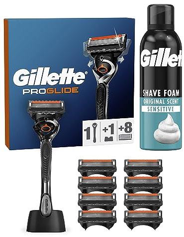 Gillette Sensitive Basis Rasierschaum 200 ml und Gillette ProGlide Nassrasierer Herren Starterset, 1 Rasierer mit 8 Rasierklingen, Rasiererhalter, Geschenk für Männer