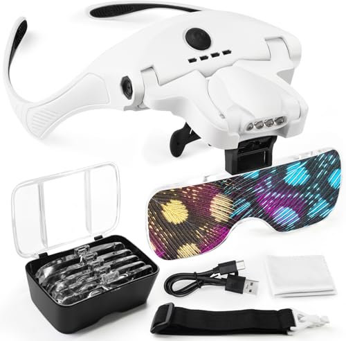 AUTOPkio Lupenbrille mit 4 LED Licht, Wiederaufladbar USB auf Type-C Kopflupe Stirnbandlupe Lupe Gläser für Brillenträger, 5 Linsen 1,0X 1,5X 2,0X 2,5X 3,5X