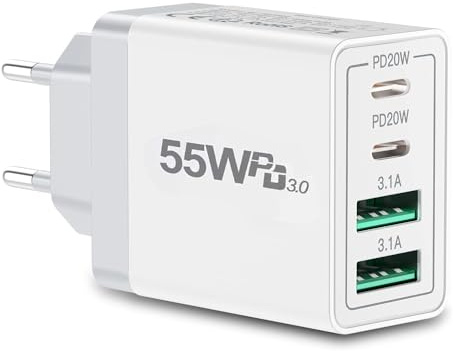 55W USB C Ladegerät, 4 Ports Mehrfach Ladegerät mit USB-C und USB-A, 55W Schnellladegerät PD 3.0 Power Adapter USB Netzteil für iPhone 15 14 Pro Max 13 12 11 SE 2020 XS XR 8 7, Samsung, Handys