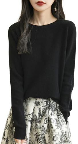 Chanyarn Damen 100% Merinowolle 2025 First-Line Ready to Wear Langarm nahtlosem Elegant Strickpullover Herbst Winter Kaschmir Rundhalspullover (Schwarz,M)