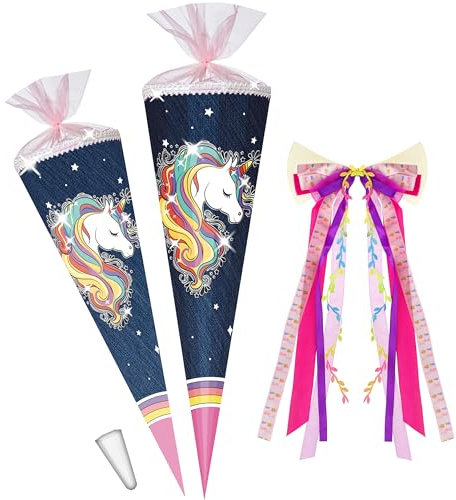 alles-meine.de GmbH mit Glitzer & Glimmer ! Schultüte - Einhorn - Regenbogen Mähne 70-100 cm Größe wählbar + Kunstoff Spitze + Schleife - Tüllabschluß/Filzabschluß - ..