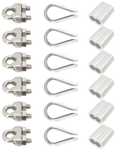 Alamic Wire Rope Accessory Set 304 Stainless Steel M4 Wire Rope Cable Clamps Stainless Steel Thimble and Aluminum Crimping Loop for 3/16 Inch Wire Rope Cable