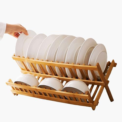 Escurreplatos doble de bambú para cocina, organizadores de cocina y almacenamiento, plegable de madera maciza de 2 niveles, estantes de drenaje de platos, artículos esenciales plegables para