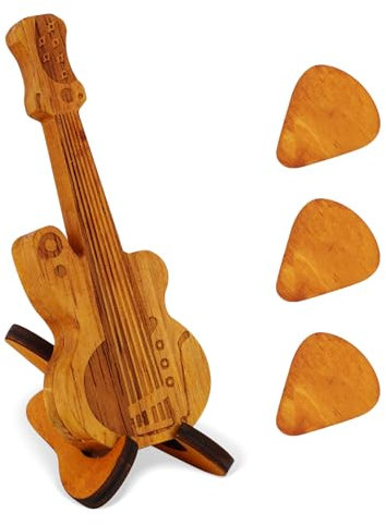 Gosknor Guitar Shaped Pick Box, Wooden Guitar Pick Case with Stand & 3 Picks Personalized Guitar Pick Storage Holder Gift for Music Instrument Lovers Players (Style 1)