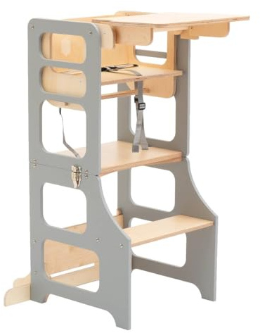 Duck Woodworks Torre de cocina multifuncional transformable de alto carbón y mesa con silla (gris)