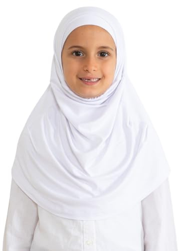 Prien lätt att bära hijab för flickor, muslimsk halsduk för barn, omedelbar hijabs för kvinnor, viskos barnhalsdukar för Ramadan Eid, Vitt, one size