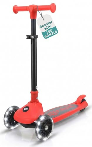SereneLife Trottinette 3 Roues pour Tout-Petits et Enfants – Pliable avec LED, Guidon Réglable, Frein Arrière, Plateforme Antidérapante, 3 pour Enfants de 3 à 7 Ans, Red