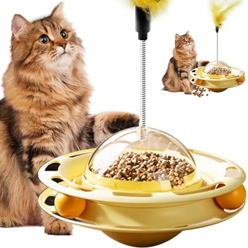 Tmeng Cat Toys Interactive Track Balls,3 in 1 Cat Roller Toy for Indoor Cats,360° Rotating Food Leakage Device，Solve cat Anxiety and Attract Cats to Play (yellow)